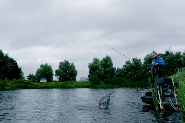 Fisherman Fishing Rod Spinning Professional Tools Standing Bank River Pulling — Stock Photo, Image