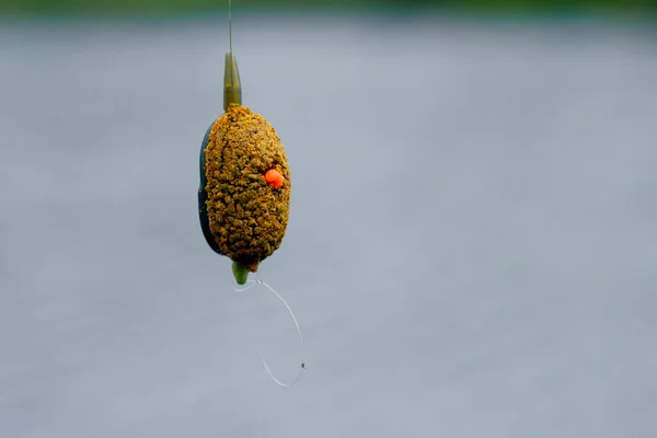 close-up fishing edible bait hanging on a hook on the background of river nature sport fishing feeder free style method