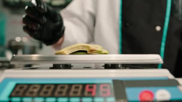 Close Chef Weighing Pieces Avocado Scale Restaurant Preparing Dish Sushi — Stock Video