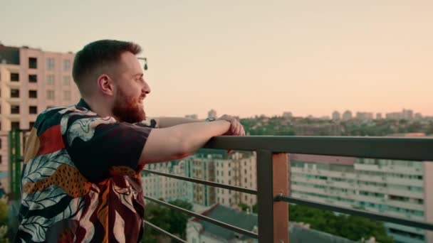 Young Bearded Man Standing Roof Terrace Looking City Thinking Future — Stock Video