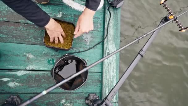 Közeli Kép Egy Halászról Aki Különböző Színű Takarmányhalakat Áztat Konténerekben — Stock videók