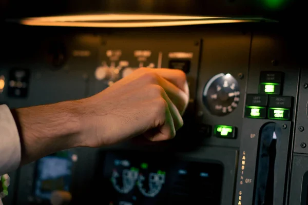 Close Hand Pilot Captain Presses Buttons Control Panel Start Engine — Stock Photo, Image