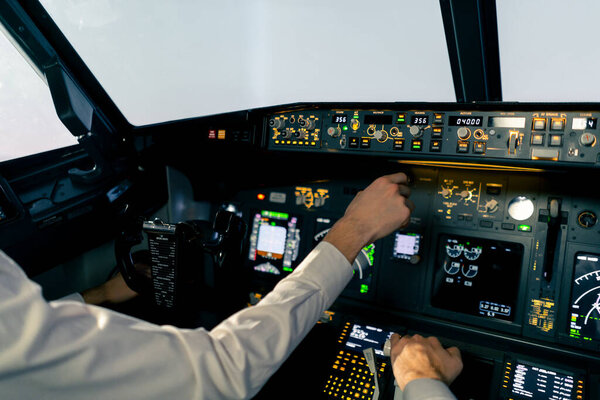 Close-up of an airplane cockpit Center panel with main flight display navigation display Airplane pilot panels