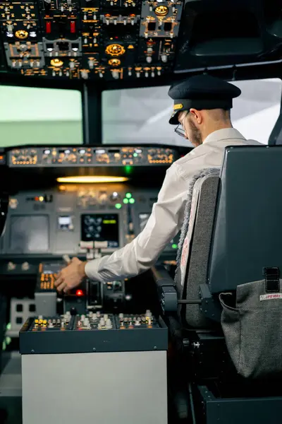 Airplane pilot controls throttle during flight or takeoff Cockpit view air traffic control