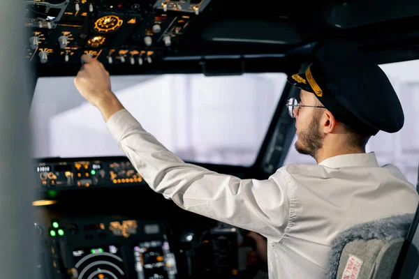 Airplane Cabin Pilot Checks Plane Electronics Pressing Buttons Preparing Passenger — Stock Photo, Image