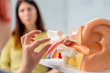 KBB doktoru, klinikteki bir hastaya ameliyatın olası sonuçları hakkında danışmanlık yapar.