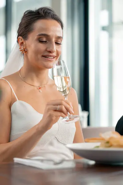 Portrait Beautiful Smiling Bride Wedding Restaurant Love Celebration Glass Champagne — Stock Photo, Image