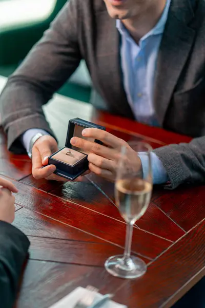 Close Date Restaurant Man Proposes His Beloved Holds Box Ring — Stock Photo, Image