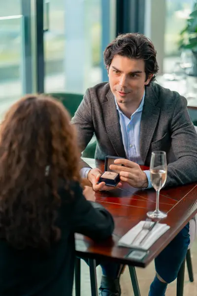 Couple Love Date Restaurant Man Confesses His Beloved Ring Proposes — Stock Photo, Image