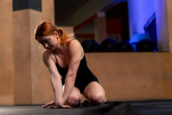 Sports Club Red Haired Coach Sitting Floor Ropes Stretches Her — Stock Photo, Image
