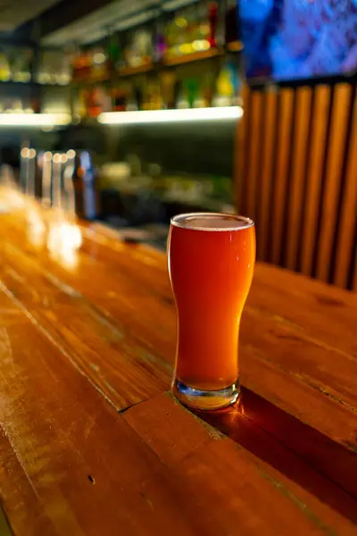 Bar Glass Beer Wooden Bar Counter Rays Sun — Stock Photo, Image