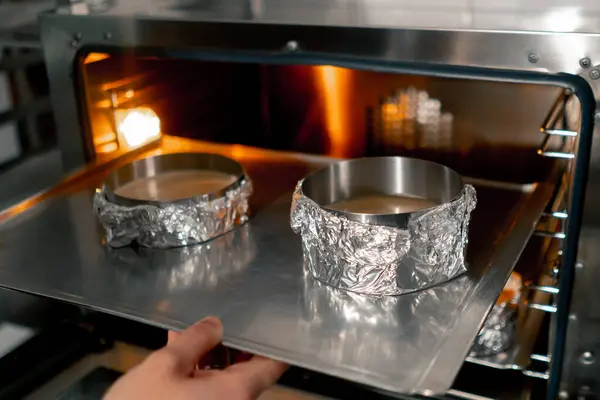 Close Professional Kitchen Baker Inserts Baking Tray Cake Molds Oven — Stock Photo, Image
