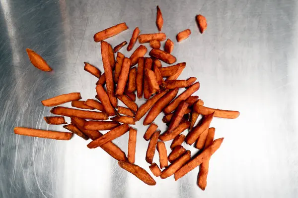 Close Orange Sweet Potato Potatoes Lying Metal Table Cooling Food — Stok fotoğraf