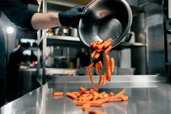 Close Sweet Potato Fries Spilled Cooks Table Cooking — Stock Photo, Image