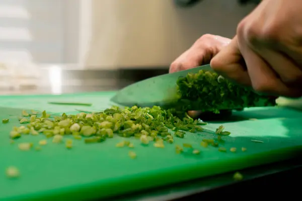 Close Kitchen Green Board Process Cutting Greens Knife — Stock Photo, Image