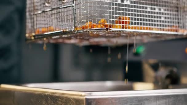 달콤한 감자의 클로즈업 프라이어 드롭에서 — 비디오