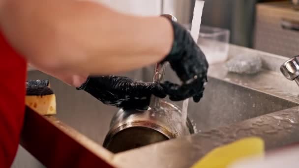 Close Woman Washing Dirty Dishes Kitchen Using Professional Equipment — Stock Video