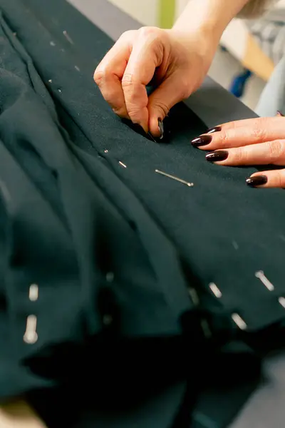 Close Sewing Workshop Seamstress Pins Corrugated Pin Black Fabric — Stock Photo, Image
