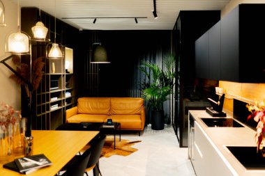 Tasarımda oturma odası minimalizmine giden bir mutfağı olan tasarım dairesinin sade atmosferi.