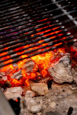 Japon restoranının kompakt masa üstü ızgarasında yüksek sıcaklıktaki kömürleri pişirmek için yakın plan.