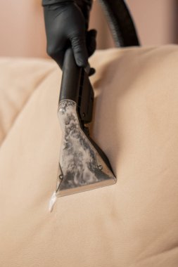 Daire temizleyicisinin profesyonel temizliğini deterjan tekstil kanepesiyle süpür.