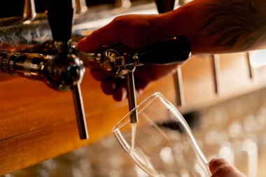 Bar tezgahındaki birahanede yakın plan barmenlerin elleri bardağa hafif bira döker.