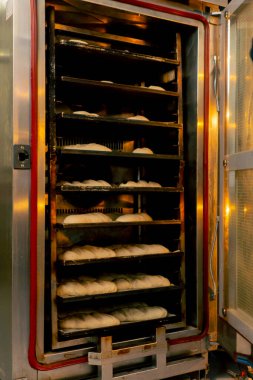 Profesyonel bir mutfakta kapsayıcı bir fırıncı fırını açar ve içinde ekmek olan bir rafı taşır.