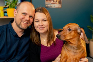 Şirin dachshund köpeği masaya yaslanıyor, bir kafede sevgi dolu bir çiftin kollarında oturuyor aile fotoğrafına aşık.