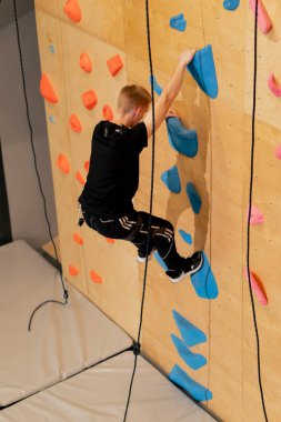 Tırmanma duvarının tepesinde genç ve yakışıklı bir antrenör sigortasız duvara tırmanıyor.