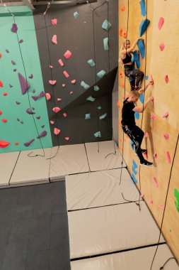 Tırmanma duvarının tepesinde genç ve yakışıklı bir antrenör ve kız sigortasız duvara tırmanıyor.