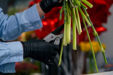 Bir çiçekçiye yakın bir yerde beyaz bir masaya yakın bir kız çiçek aranjmanı topluyor ve saplarını buduyor.