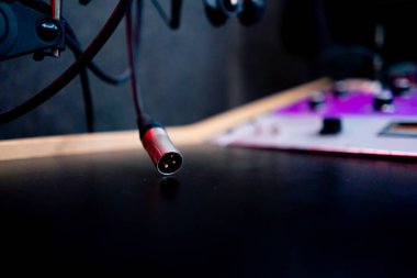 Kayıt odasını kapatın. Neon ışıkları açık bir filtreyle profesyonel bir mikrofon tutacağı aydınlatıyor.