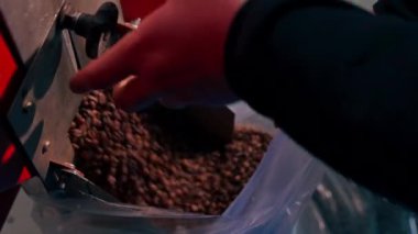 Kızartma fabrikasında bir işçi sevkiyat için büyük şeffaf bir torbaya kahve doldurur.