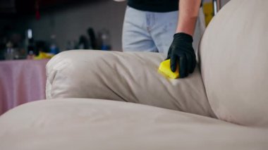 Bir apartman dairesinde profesyonel temizlik kapanıyor. Temizlikçi, cilalama ajansını deri kanepeye uyguluyor.
