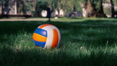 Parkta, ağaçların arasında, çimlerin üzerinde bir voleybol topu var.