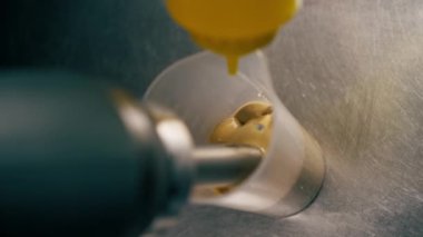 Profesyonel mutfak aşçısı salata sosu hazırlıyor. Karıştırıcı ile yeniliyor.