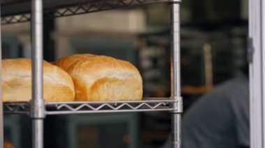 Profesyonel mutfaktaki raflarda taze pişmiş kare ekmeğin yakın çekimi.