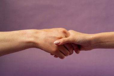 Güzel bir kadın eli mor arka planda izole edilmiş iki el sıkışma işaret dili