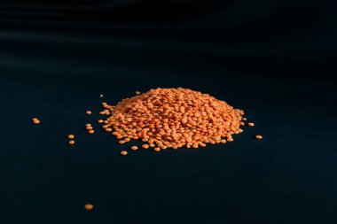 Turuncu mercimekler siyah ve mavi arkaplanlı Ukrayna kültürüne uzanıyor, açık protein gıda vejetaryenliği tarlaların yeşil mahsulleri