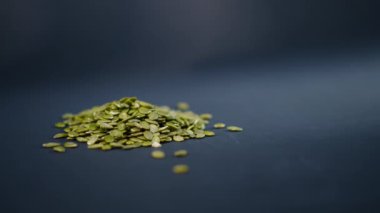Siyah-mavi bir arka planda yeşil kabak kabağı kabuğu kabuğu kabuğu sağlıklı olarak uzanıyor. Sonbahar hasadını sağlıklı yiyor. Vejetaryenlik yiyor.