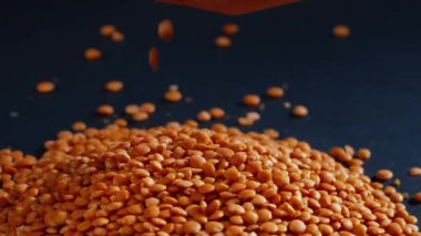 Yakın plan turuncu mercimekler siyah ve mavi arkaplanlı Ukrayna kültürüne uzanıyor, açık protein gıda vejetaryenliği yeşil ekinlerin meyveleri yukarıdan akan mercimekler