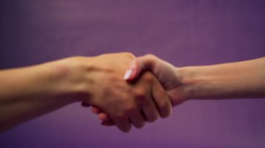 Güzel bir kadın eli mor arka planda izole edilmiş iki el sıkışma işaret dili