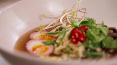 Japon udon çorbası, yumurta ve erişte karışımı Japon hafif çorbası.