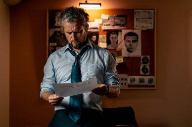 Dedektiflik bürosunda gömlekli ve kravatlı orta yaşlı bir dedektif büyüteçle inceler kanıt inceler suçlu fotofit güzergahı suçlu tahtası ipuçlarını inceler