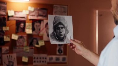 Dedektiflik bürosunda, gömlekli ve kravatlı orta yaşlı bir dedektif büyüteçle inceler kanıt inceler suçlu fotofit güzergahı suçlularını bulmak için ipuçlarını inceler.