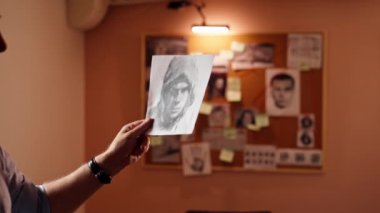 Dedektiflik bürosunda, gömlekli ve kravatlı orta yaşlı bir dedektif büyüteçle inceler kanıt inceler suçlu fotofit güzergahı suçlularını bulmak için ipuçlarını inceler.