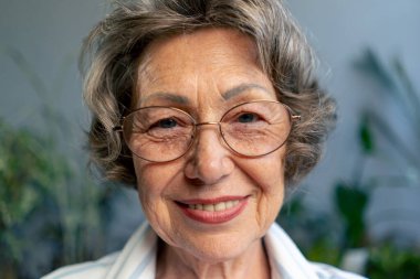 Çok yaşlı, gri saçlı, açık renk bluzlu bir büyükannenin yakın plan resmi. Hafif bir gülümsemesi var. Mavi duvarın arkasında oturuyor.