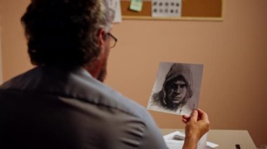 Dedektiflik bürosunda, gömlekli ve kravatlı orta yaşlı bir dedektif büyüteçle inceler kanıt inceler suçlu fotofit güzergahı suçlularını bulmak için ipuçlarını inceler.