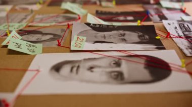 Işık duvarındaki dedektifin ofisinde büyük bir mantar tebligat panosu var. Cinayet silahı olay yeri şüphelilerinin fotoğrafını belgeleyecek. Kırmızı düğme kanıt panosu ve...