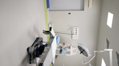 Modern bir klinikte, parlak, geniş ve temiz bir estetik ameliyat odasında, gerekli ekipmanlar, modern tıp, steril bir alan, ilaçlı bir dolap...